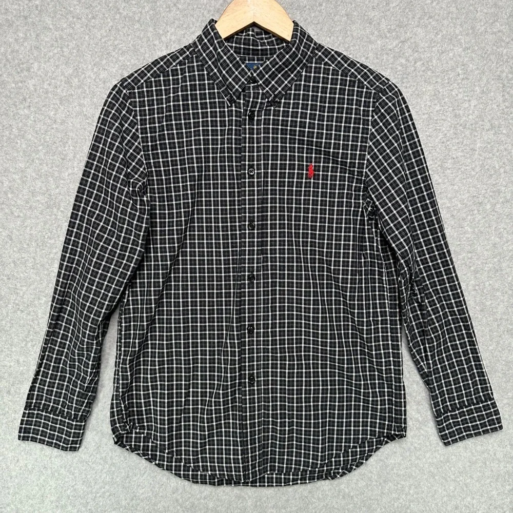 Ralph Lauren Boys Large 14-16 Black White Plaid Button Down Long Sleeve Shirt‎